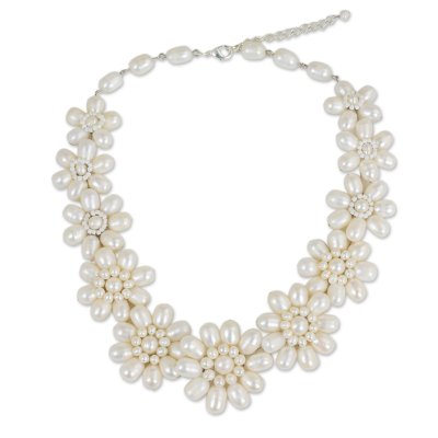 Cultured pearl flower necklace, 'Chrysanthemum Garden' - Cultured Freshwater Pearl Flower Necklace from Thailand