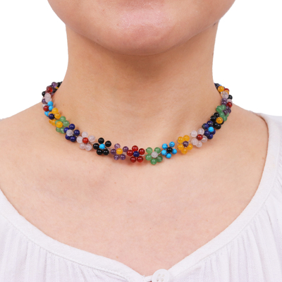 Multi-gemstone flower necklace, 'Rainbow Blooms' - Colorful Multi Gemstone Flower Necklace from Thailand