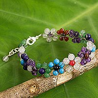 Multi-gemstone flower bracelet, 'Rainbow Blooms' - Multicolored Gemstone Bead Bracelet with Floral Motif