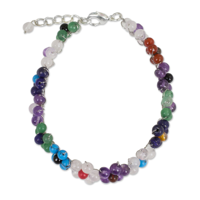 Multi-gemstone flower bracelet, 'Rainbow Blooms' - Multicolored Gemstone Bead Bracelet with Floral Motif