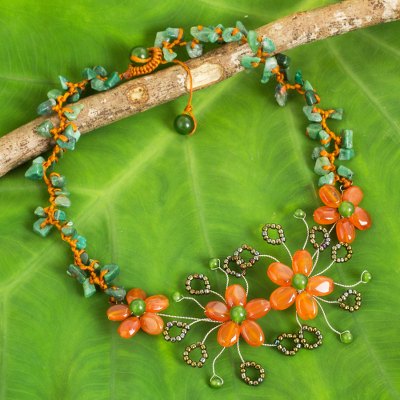Carnelian beaded flower necklace, 'Sunset Bloom' - Carnelian and Aventurine Beaded Flower Gemstone Necklace