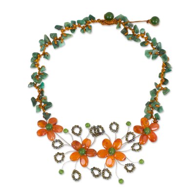 Carnelian and Aventurine Beaded Flower Gemstone Necklace