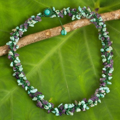 Amethyst and calcite beaded necklace, 'Thai Interlude' - Handmade Gemstone Necklace with Amethyst and Calcite