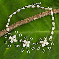 Cultured pearl flower necklace, 'Jasmine Trio' - Thai Floral Handcrafted Necklace with White Cultured Pearls