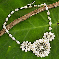 Cultured pearl pendant necklace, 'White Chrysanthemum Trio' - Thai White Cultured Pearl Floral Fair Trade Necklace