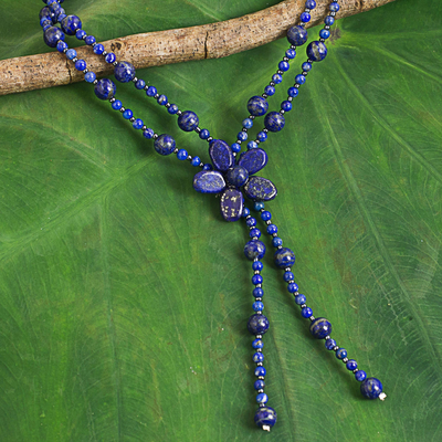 Lapis lazuli beaded pendant choker, 'Summer Nights' - Lapis Lazuli Beaded choker with Floral Pendant