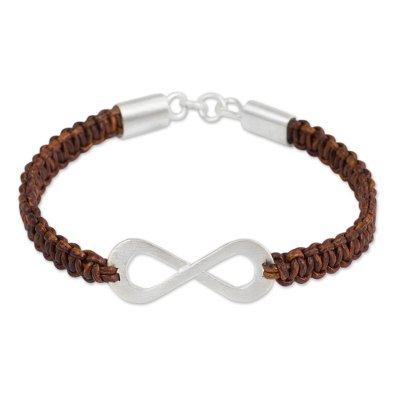 Leather and sterling silver bracelet, 'Infinite Joy in Brown' - Infinity Symbol Pendant Bracelet on Brown Leather Macrame