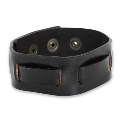 Men's leather wristband bracelet, 'Journey in Black' - Men's Black Leather Wristband Bracelet Crafted by Hand