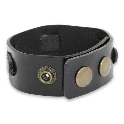 Men's leather wristband bracelet, 'Journey in Black' - Men's Black Leather Wristband Bracelet Crafted by Hand