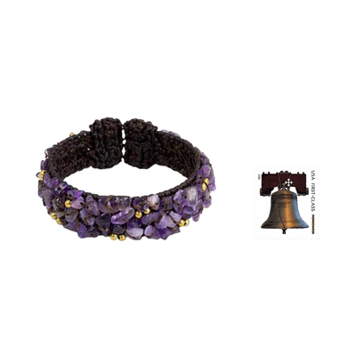 Amethyst Manschetten-Armband "Violet Twilight" - Gehäkeltes braunes Manschetten-Armband mit Amethyst-Perlen