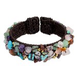 Multi-gemstone cuff bracelet, 'Colorful Day' - Fair Trade Multi Gemstone Beaded Crocheted Cuff Bracelet