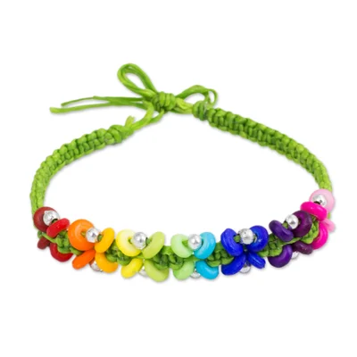 Rainbow Color Beads on Hand Crafted Green Bracelet