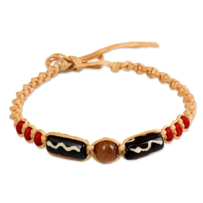 Cow Bone and Sunstone on Artisan Crafted Braided Bracelet