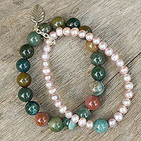 Cultured pearl and jasper stretch bracelet, 'Iridescent Garden'