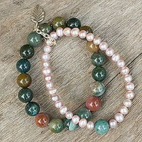 Cultured pearl and jasper stretch bracelet, 'Iridescent Garden' - Thai Double Strand Stretch Bracelet with Pearls and Jasper