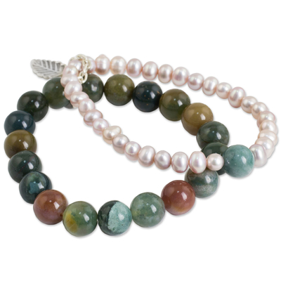 Cultured pearl and jasper stretch bracelet, 'Iridescent Garden' - Thai Double Strand Stretch Bracelet with Pearls and Jasper