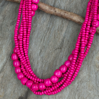 Wood beaded necklace, 'Tropical Dance' - Fair Trade Long Wood Beaded Hot Pink Strand Necklace