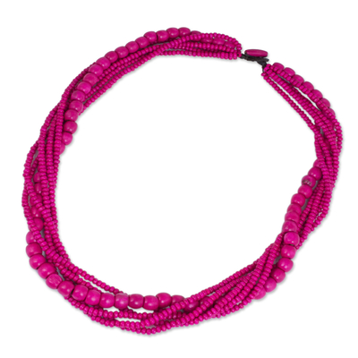 Halskette aus Holzperlen - Fair-Trade-Halskette mit langen, rosafarbenen Holzperlen