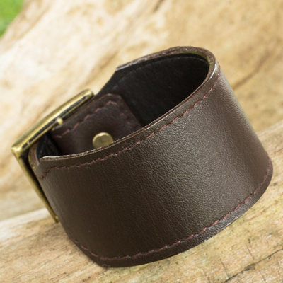 Leather wristband bracelet, 'Courage in Espresso Brown' - Thai Handcrafted Espresso Brown Leather Wristband