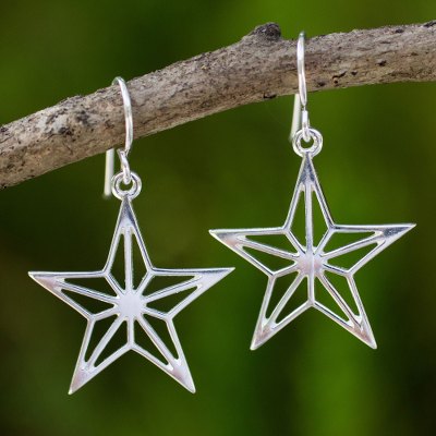 Sterling silver dangle earrings, 'Radiant Star' - Artisan Crafted Sterling Silver Star Theme Thai Earrings