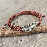 Silver wristband bracelet, 'Brown Hill Tribe Dream' - Antiqued Silver Leaf on Brown Wristband Bracelet