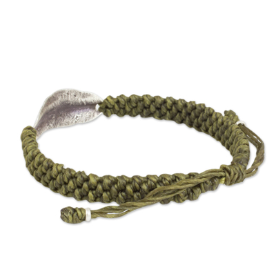 Silbernes Armband - Grünes Armband mit silbernem Hill Tribe-Blatt