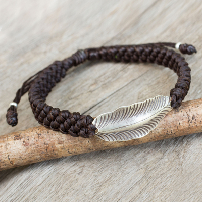 Silver wristband bracelet, 'Dark Brown Hill Tribe Dream' - Dark Brown Wristband Bracelet with Silver Hill Tribe Leaf