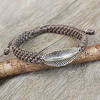 Silver wristband bracelet, 'Khaki Hill Tribe Dream' - Antiqued Silver Leaf on Khaki Wristband Bracelet