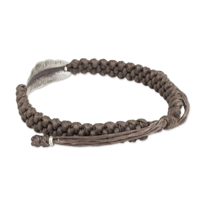 Silver wristband bracelet, 'Khaki Hill Tribe Dream' - Antiqued Silver Leaf on Khaki Wristband Bracelet