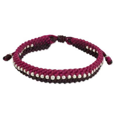 Silver accent wristband bracelet, 'Brown and Fuchsia Knots' - Hand Knotted Macrame Bracelet with Hill Tribe Silver Beads