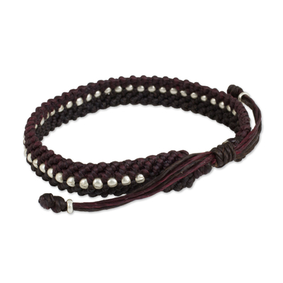 Silver accent wristband bracelet, 'Maroon and Brown Knots' - Maroon and Brown Macrame Bracelet with Hill Tribe Silver