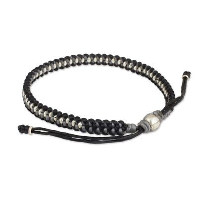 Silver accent braided bracelet, 'Grey Black Progression' - Hand Knotted Macrame Bracelet with Hill Tribe Silver Beads
