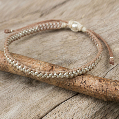 Silver accent braided bracelet, 'Tan Ivory Progression' - Macrame Bracelet in Tan and Ivory with Hill Tribe Silver