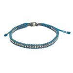 Silver accent braided bracelet, 'Blue Grey Progression' - Hand Knotted Macrame Bracelet with Hill Tribe Silver Beads