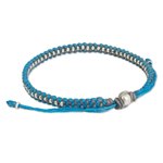 Silver accent braided bracelet, 'Blue Grey Progression' - Hand Knotted Macrame Bracelet with Hill Tribe Silver Beads