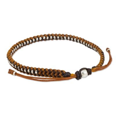 Silver accent braided bracelet, 'Brown Tan Progression' - Silver Beads on Brown and Tan Wristband Bracelet