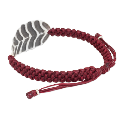 Silver wristband bracelet, 'Turn a New Red Leaf' - Silver Hill Tribe Jewelry Leaf Design in Red Cord Bracelet