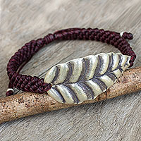 Silver wristband bracelet, 'Turn a New Burgundy Leaf' - Hill Tribe jewellery Silver Leaf in Burgundy Cord Bracelet