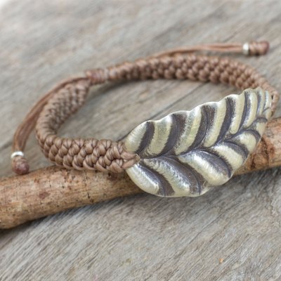 Silver wristband bracelet, 'Turn a New Khaki Leaf' - Khaki Wristband Bracelet with Hill Tribe Silver Leaf Pendant