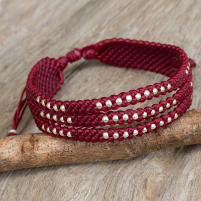 Silver accent wristband bracelet, 'Starlight and Wine' - Burgundy Macrame Wristband Bracelet with Silver 950 Beads