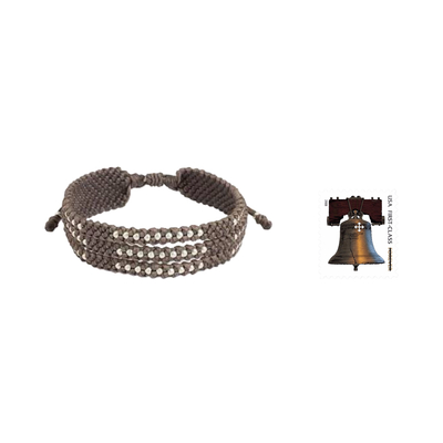 Silver accent wristband bracelet, 'Starlight and Khaki' - Wristband Bracelet in Macrame with Silver 950 Beads