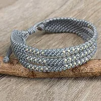 Silver accent wristband bracelet, 'Starlight and Mist' - Thai Wristband Bracelet in Pale Grey with Silver 950 Beads