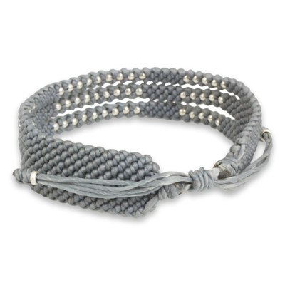 Silver accent wristband bracelet, 'Starlight and Mist' - Thai Wristband Bracelet in Pale Grey with Silver 950 Beads