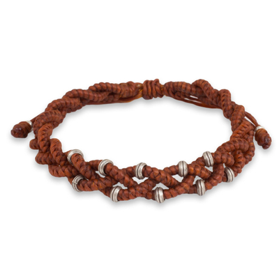 Russet Brown Braided Macrame Bracelet with Silver
