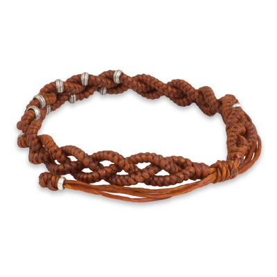 Silver accent wristband bracelet, 'Russet Hill Tribe Bride' - Russet Brown Braided Macrame Bracelet with Silver
