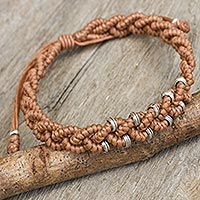 Silver accent wristband bracelet, 'Nutmeg Hill Tribe Bride' - Hill Tribe Silver Macrame Bracelet in Nutmeg Brown
