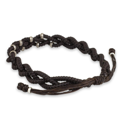 Silver accent wristband bracelet, 'Brown Hill Tribe Bride' - Braided Macrame Bracelet in Espresso Brown with Silver 950
