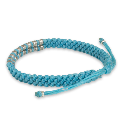 Silver accent wristband bracelet, 'Blue Infinity Twins' - Thai Hand Knotted Wristband Bracelet with Silver 950 Beads
