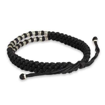 Silver accent wristband bracelet, 'Black Infinity Twins' - Thai Macrame Black Wristband Bracelet with Silver 950 Beads