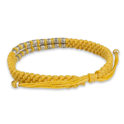 Silver accent wristband bracelet, 'Yellow Infinity Twins' - Hand Knotted Yellow Thai Wristband Bracelet with Silver 950